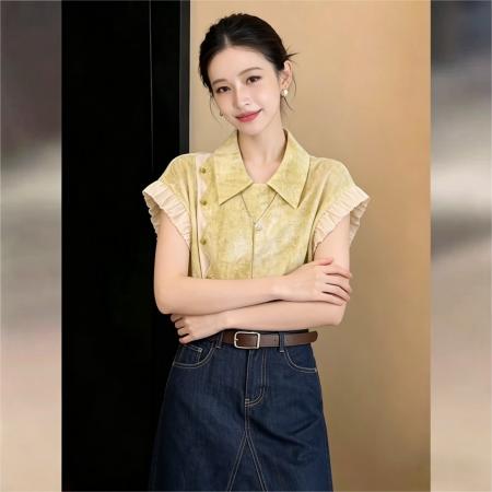 BY17946# 韩式复古设计感小衫斜门禁短袖衬衫夏季休闲百搭上衣 服裝批發女裝批發服飾貨源