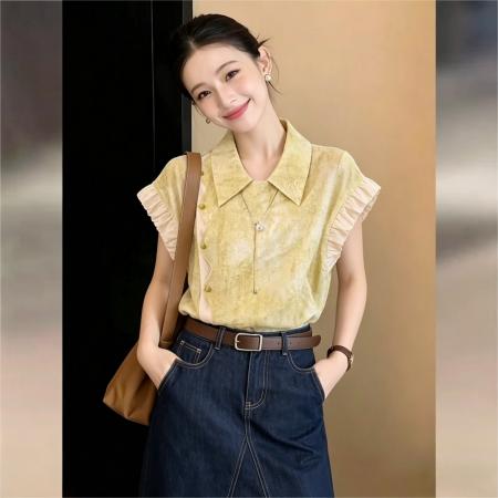 BY17946# 韩式复古设计感小衫斜门禁短袖衬衫夏季休闲百搭上衣 服裝批發女裝批發服飾貨源