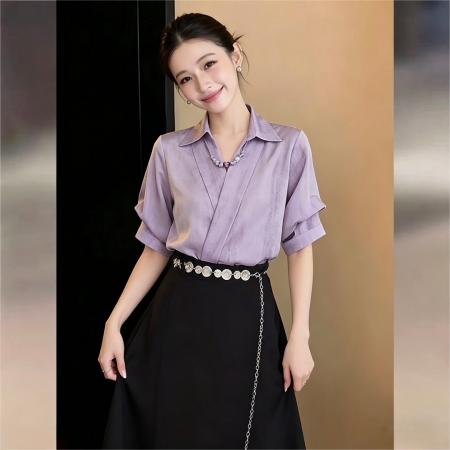 BY17947# 法式复古紫调晕染V领短袖衬衫女显瘦宽松上衣含串珠 服裝批發女裝批發服飾貨源