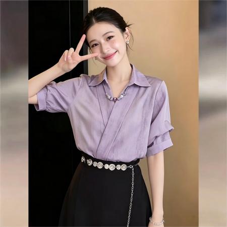 BY17947# 法式复古紫调晕染V领短袖衬衫女显瘦宽松上衣含串珠 服裝批發女裝批發服飾貨源