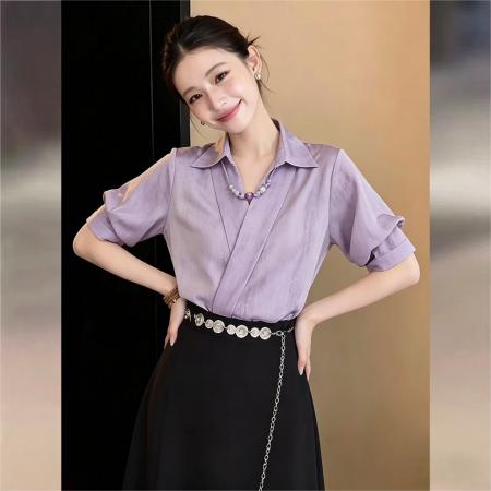 BY17947# 法式复古紫调晕染V领短袖衬衫女显瘦宽松上衣含串珠 服裝批發女裝批發服飾貨源