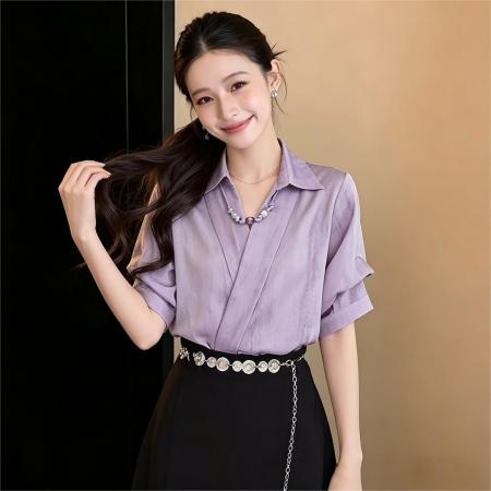 BY17947# 法式复古紫调晕染V领短袖衬衫女显瘦宽松上衣含串珠 服裝批發女裝批發服飾貨源