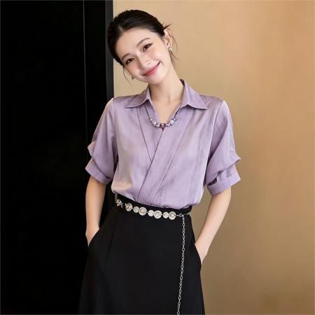 BY17947# 法式复古紫调晕染V领短袖衬衫女显瘦宽松上衣含串珠 服裝批發女裝批發服飾貨源