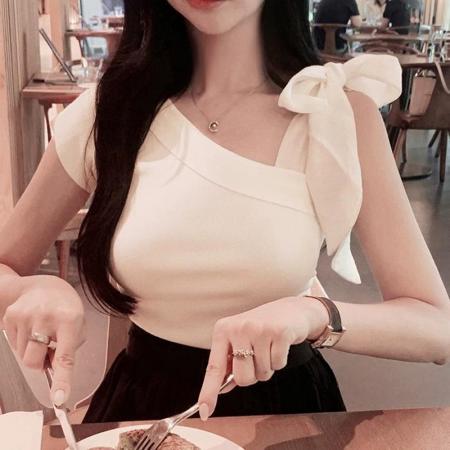 BY17950# 韩国东大门新款气质修身露肩系带收腰显身材百搭短袖针织衫T恤女 服裝批發女裝批發服飾貨源
