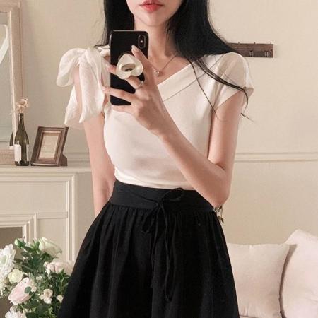 BY17950# 韩国东大门新款气质修身露肩系带收腰显身材百搭短袖针织衫T恤女 服裝批發女裝批發服飾貨源