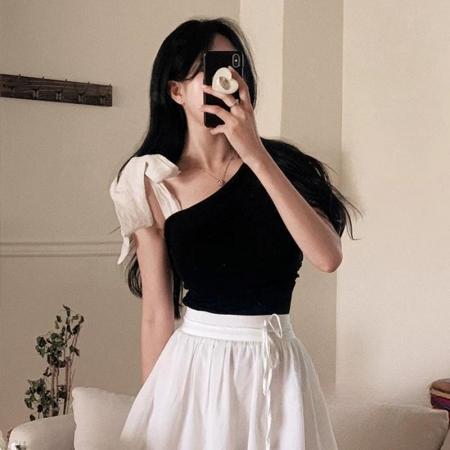 BY17950# 韩国东大门新款气质修身露肩系带收腰显身材百搭短袖针织衫T恤女 服裝批發女裝批發服飾貨源