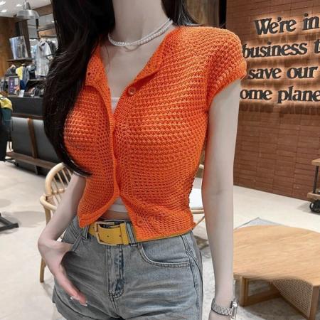 BY17951# 韩国东大门新款气质纯色系扣修身显身材透气百搭短袖针织开衫T恤 服裝批發女裝批發服飾貨源