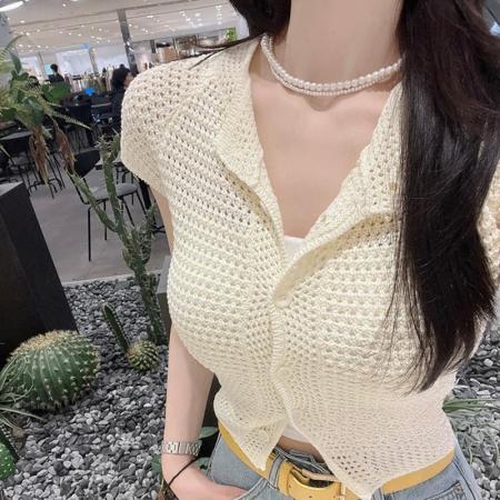 BY17951# 韩国东大门新款气质纯色系扣修身显身材透气百搭短袖针织开衫T恤 服裝批發女裝批發服飾貨源