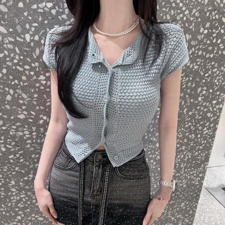 BY17951# 韩国东大门新款气质纯色系扣修身显身材透气百搭短袖针织开衫T恤 服裝批發女裝批發服飾貨源