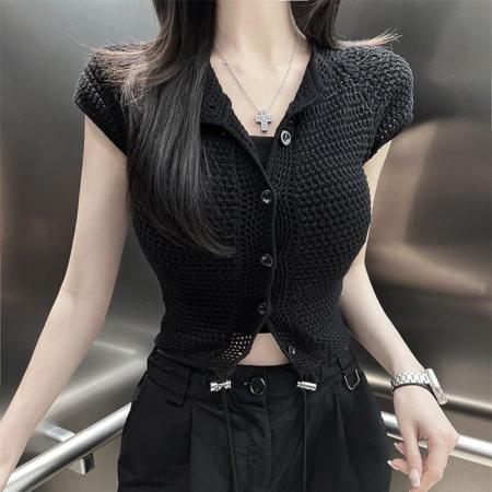 BY17951# 韩国东大门新款气质纯色系扣修身显身材透气百搭短袖针织开衫T恤 服裝批發女裝批發服飾貨源