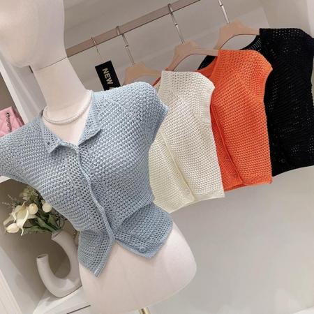 BY17951# 韩国东大门新款气质纯色系扣修身显身材透气百搭短袖针织开衫T恤 服裝批發女裝批發服飾貨源