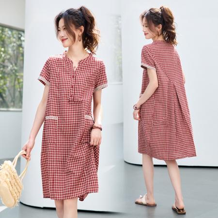 BY17954# 漂亮女士格子连衣裙夏装新款休闲宽松遮肚显瘦中长款裙子 服裝批發女裝批發服飾貨源