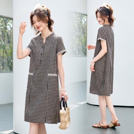 BY17954# 漂亮女士格子连衣裙夏装新款休闲宽松遮肚显瘦中长款裙子 服裝批發女裝批發服飾貨源