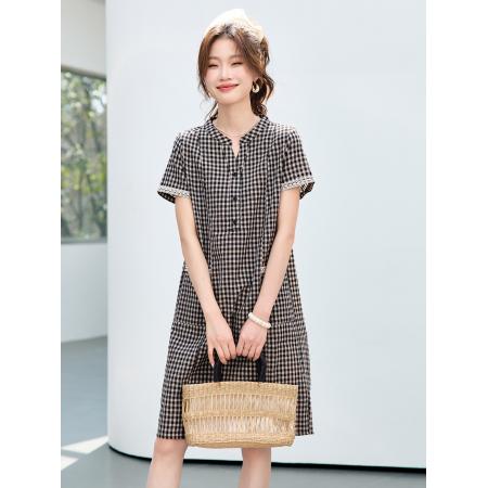 BY17954# 漂亮女士格子连衣裙夏装新款休闲宽松遮肚显瘦中长款裙子 服裝批發女裝批發服飾貨源