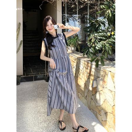 BY17955# 法式复古格子无袖连衣裙女夏新款木耳边A字裙显瘦不撞款长裙 服裝批發女裝批發服飾貨源