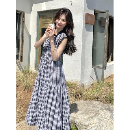 BY17955# 法式复古格子无袖连衣裙女夏新款木耳边A字裙显瘦不撞款长裙 服裝批發女裝批發服飾貨源