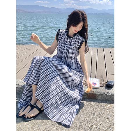 BY17955# 法式复古格子无袖连衣裙女夏新款木耳边A字裙显瘦不撞款长裙 服裝批發女裝批發服飾貨源