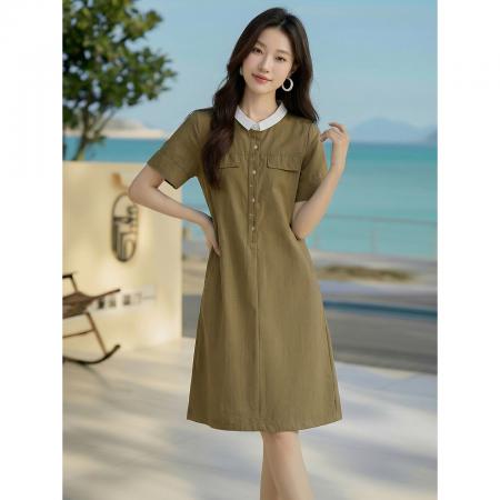 BY17956# 通勤穿搭翻领衬衫连衣裙女夏中长款显瘦减龄气质裙 服裝批發女裝批發服飾貨源