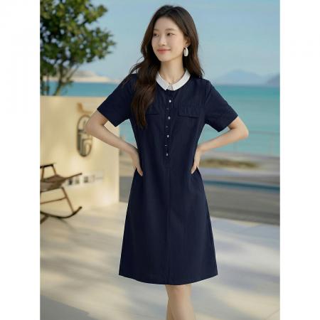 BY17956# 通勤穿搭翻领衬衫连衣裙女夏中长款显瘦减龄气质裙 服裝批發女裝批發服飾貨源