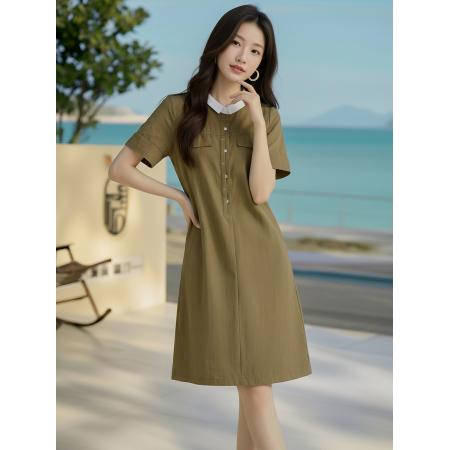 BY17956# 通勤穿搭翻领衬衫连衣裙女夏中长款显瘦减龄气质裙 服裝批發女裝批發服飾貨源