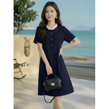 BY17956# 通勤穿搭翻领衬衫连衣裙女夏中长款显瘦减龄气质裙 服裝批發女裝批發服飾貨源