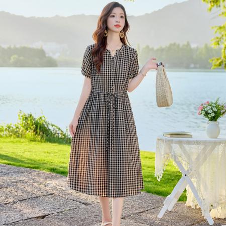 BY17958# 棉麻连衣裙夏季新款巨好看长裙法式小资穿搭气质格子连身裙子 服裝批發女裝批發服飾貨源