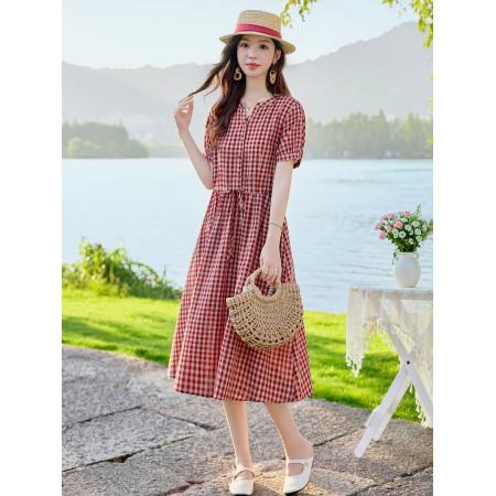 BY17958# 棉麻连衣裙夏季新款巨好看长裙法式小资穿搭气质格子连身裙子 服裝批發女裝批發服飾貨源