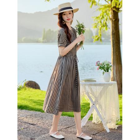 BY17958# 棉麻连衣裙夏季新款巨好看长裙法式小资穿搭气质格子连身裙子 服裝批發女裝批發服飾貨源