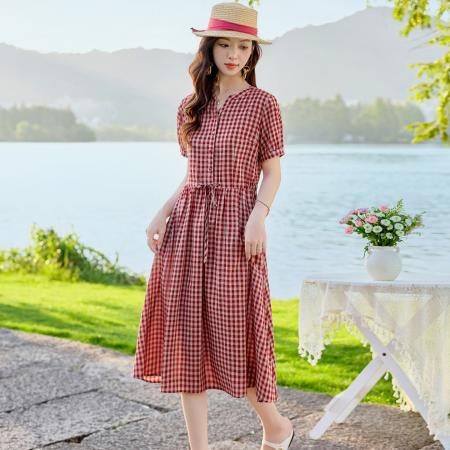 BY17958# 棉麻连衣裙夏季新款巨好看长裙法式小资穿搭气质格子连身裙子 服裝批發女裝批發服飾貨源