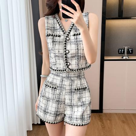 BY17960# 设计感小香风套装女夏季新款无袖背心上衣短裤两件套潮 服裝批發女裝批發服飾貨源