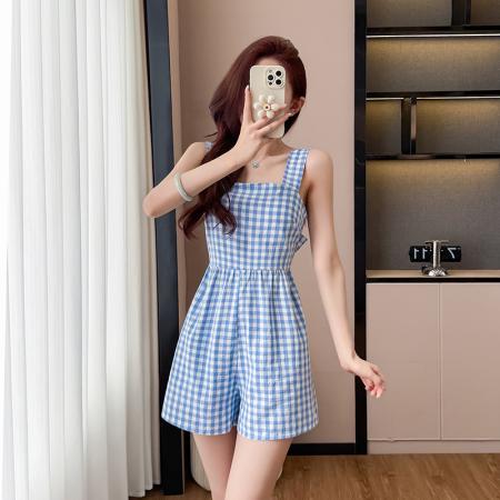 BY17961# 夏季新品女装全棉方领格纹蝴蝶结连体裤 服裝批發女裝批發服飾貨源