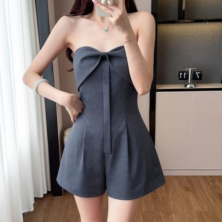 BY17962# 法式气质名媛灰色抹胸连体裤夏季小众设计感别致独特收腰显瘦短裤 服裝批發女裝批發服飾貨源