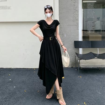 BY17964# 夏季新款不规则垂感荡领遮肉显瘦收腰大码连衣裙女气质长裙 服裝批發女裝批發服飾貨源