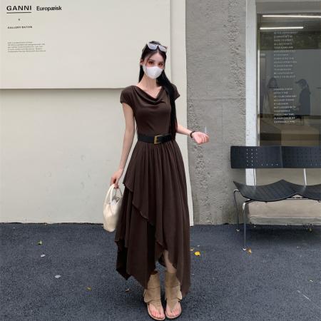 BY17964# 夏季新款不规则垂感荡领遮肉显瘦收腰大码连衣裙女气质长裙 服裝批發女裝批發服飾貨源