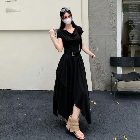 BY17964# 夏季新款不规则垂感荡领遮肉显瘦收腰大码连衣裙女气质长裙 服裝批發女裝批發服飾貨源