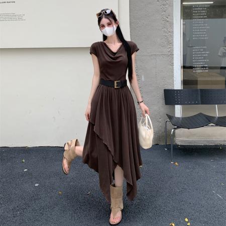 BY17964# 夏季新款不规则垂感荡领遮肉显瘦收腰大码连衣裙女气质长裙 服裝批發女裝批發服飾貨源