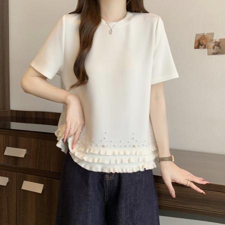 BY17965# 短袖大码T恤女夏季新款韩系设计感珍珠拼接遮肉显瘦大码上衣 服裝批發女裝批發服飾貨源