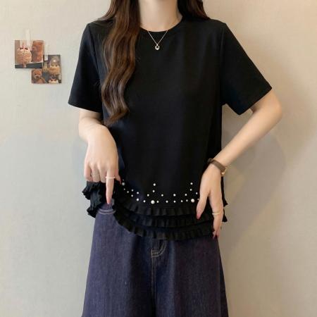 BY17965# 短袖大码T恤女夏季新款韩系设计感珍珠拼接遮肉显瘦大码上衣 服裝批發女裝批發服飾貨源