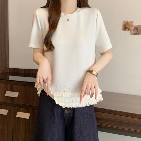 BY17965# 短袖大码T恤女夏季新款韩系设计感珍珠拼接遮肉显瘦大码上衣 服裝批發女裝批發服飾貨源