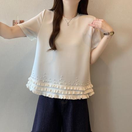 BY17965# 短袖大码T恤女夏季新款韩系设计感珍珠拼接遮肉显瘦大码上衣 服裝批發女裝批發服飾貨源