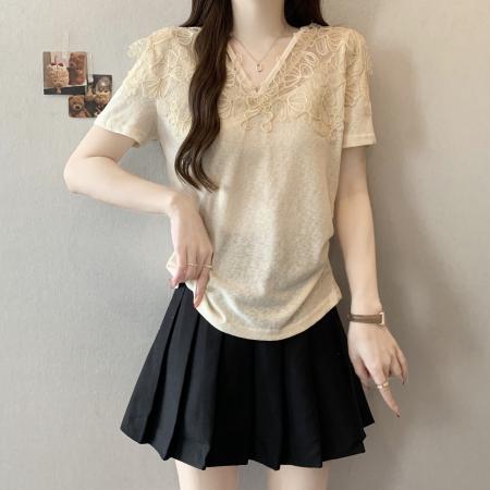 BY17966# 夏季新款法式气质钩花蕾丝拼接v领短袖大码显瘦百搭上衣小衫 服裝批發女裝批發服飾貨源