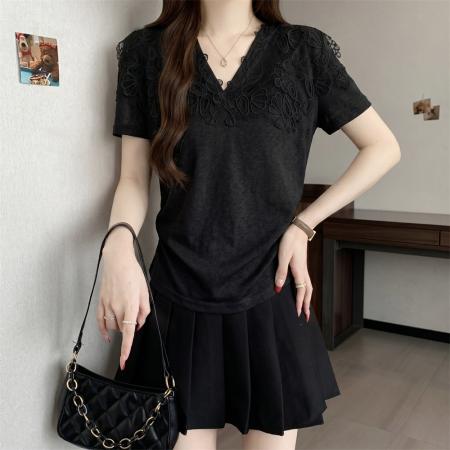 BY17966# 夏季新款法式气质钩花蕾丝拼接v领短袖大码显瘦百搭上衣小衫 服裝批發女裝批發服飾貨源