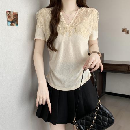 BY17966# 夏季新款法式气质钩花蕾丝拼接v领短袖大码显瘦百搭上衣小衫 服裝批發女裝批發服飾貨源