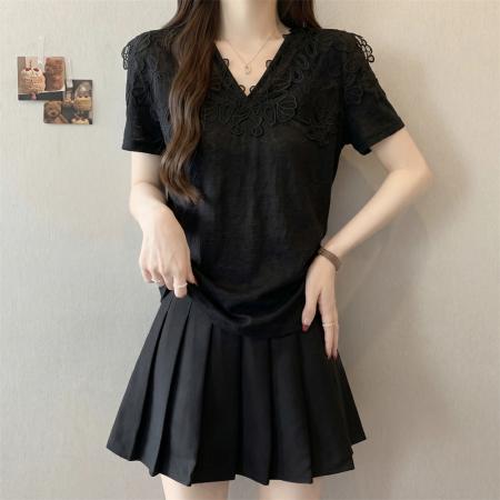 BY17966# 夏季新款法式气质钩花蕾丝拼接v领短袖大码显瘦百搭上衣小衫 服裝批發女裝批發服飾貨源