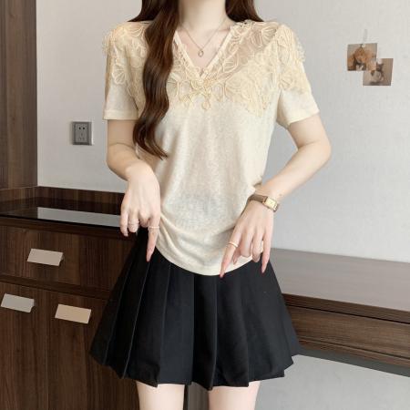 BY17966# 夏季新款法式气质钩花蕾丝拼接v领短袖大码显瘦百搭上衣小衫 服裝批發女裝批發服飾貨源
