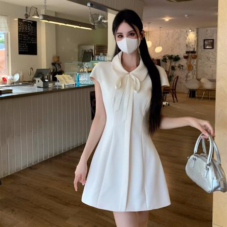 BY17967# 千金感短袖蝴蝶结绑带收腰显瘦大码连衣裙女高级气质A字短裙 服裝批發女裝批發服飾貨源