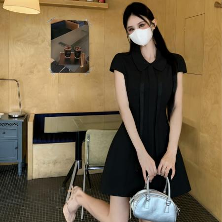 BY17967# 千金感短袖蝴蝶结绑带收腰显瘦大码连衣裙女高级气质A字短裙 服裝批發女裝批發服飾貨源