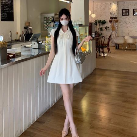 BY17967# 千金感短袖蝴蝶结绑带收腰显瘦大码连衣裙女高级气质A字短裙 服裝批發女裝批發服飾貨源