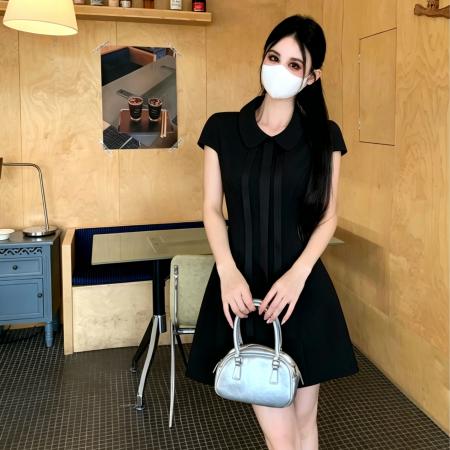 BY17967# 千金感短袖蝴蝶结绑带收腰显瘦大码连衣裙女高级气质A字短裙 服裝批發女裝批發服飾貨源