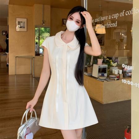 BY17967# 千金感短袖蝴蝶结绑带收腰显瘦大码连衣裙女高级气质A字短裙 服裝批發女裝批發服飾貨源